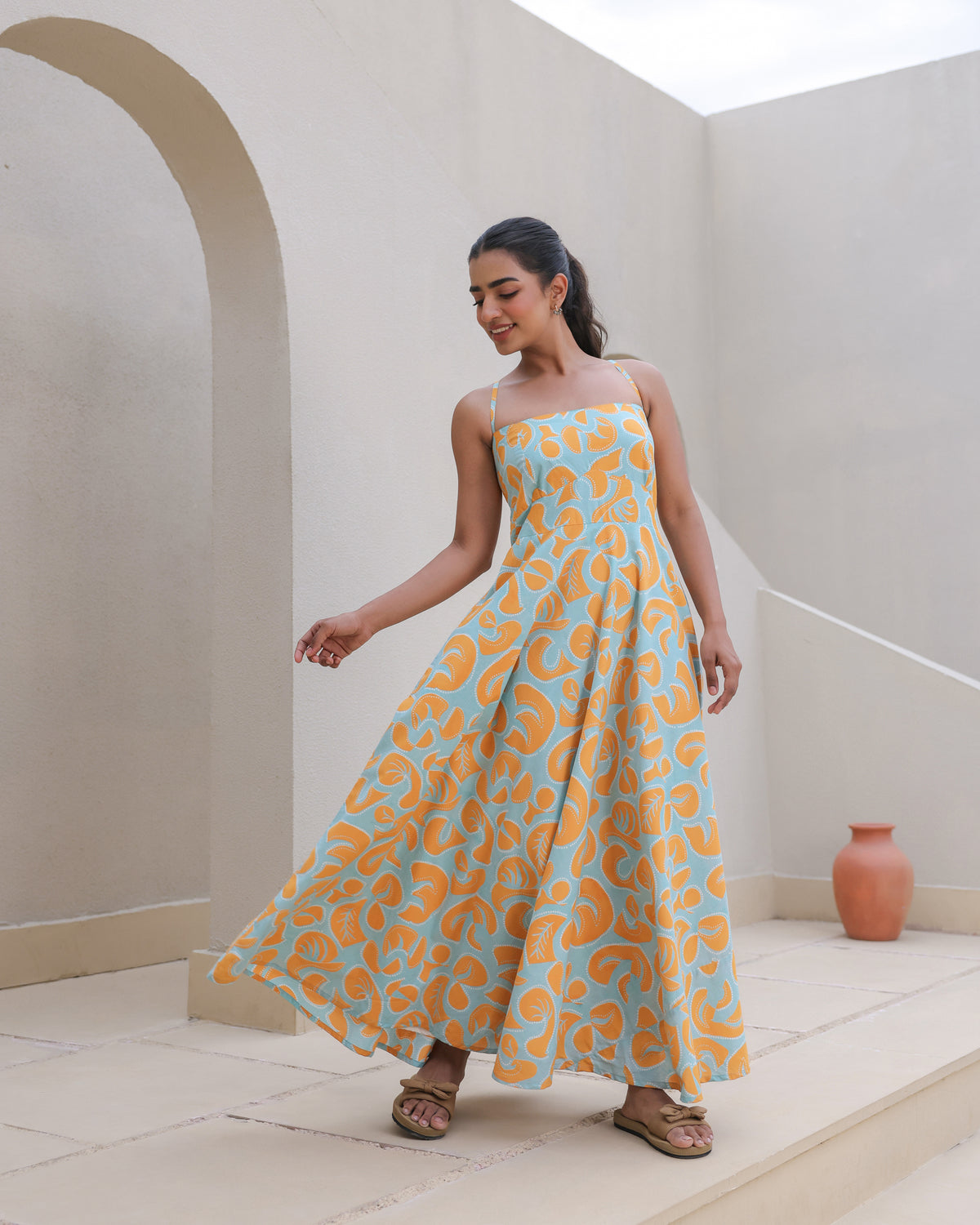 Citrus Pop Leaf Print Spaghetti Strap Flared Dress