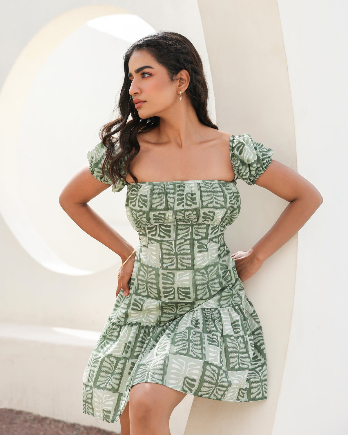 Sage Tile Puff Sleeve Mini Dress