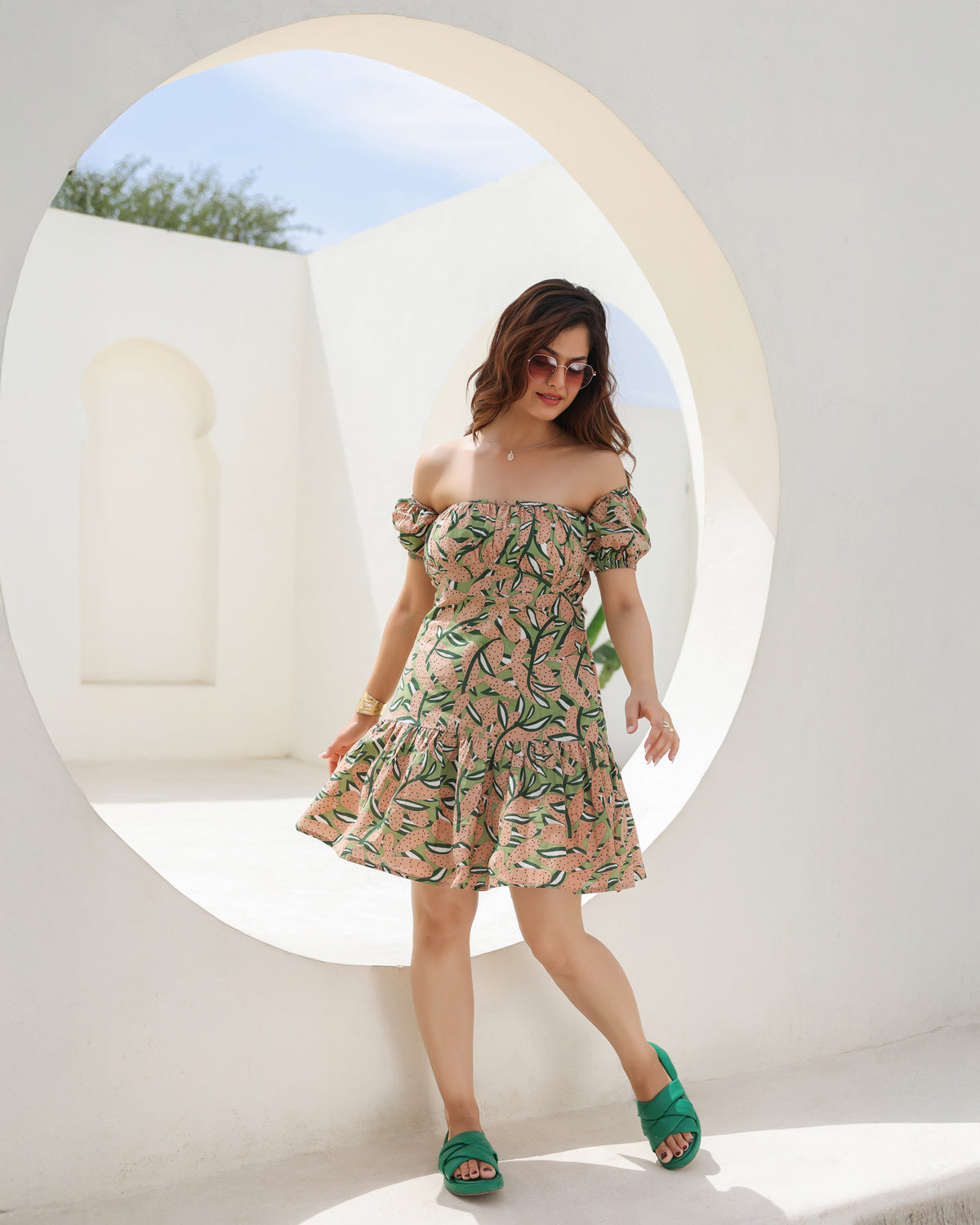 Peach Grove Off-Shoulder Ruffle Mini Dress