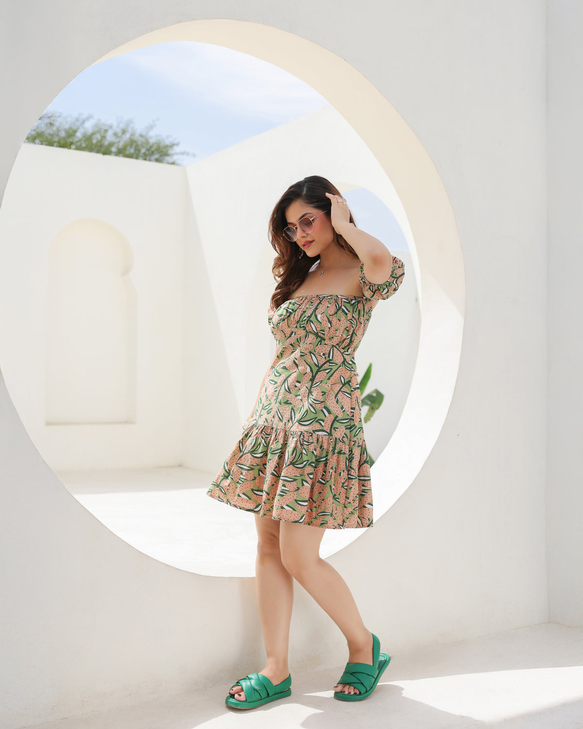 Peach Grove Off-Shoulder Ruffle Mini Dress