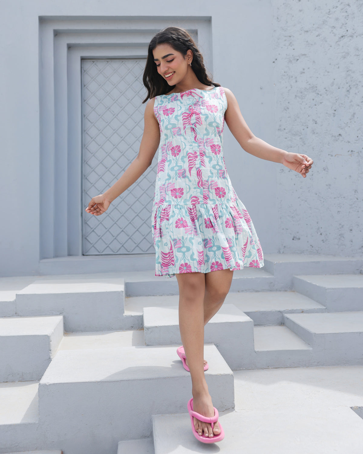 Aqua Blossom Sleeveless Ruffle Hem Dress