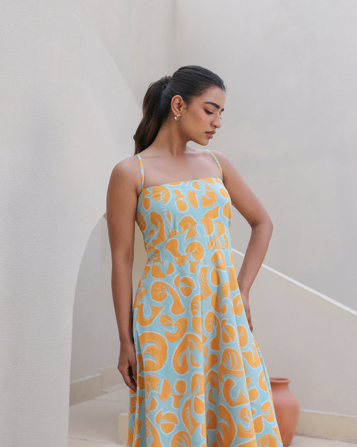 Citrus Pop Leaf Print Spaghetti Strap Flared Dress