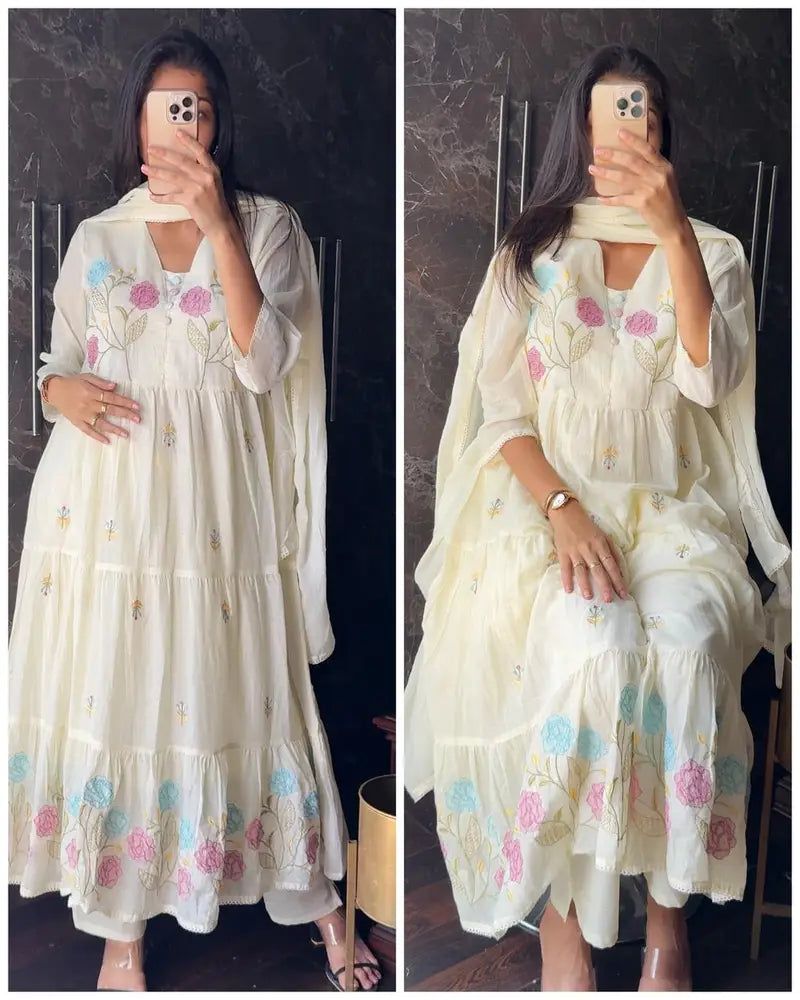 Mul Cotton Embroidered Anarkali -Off White