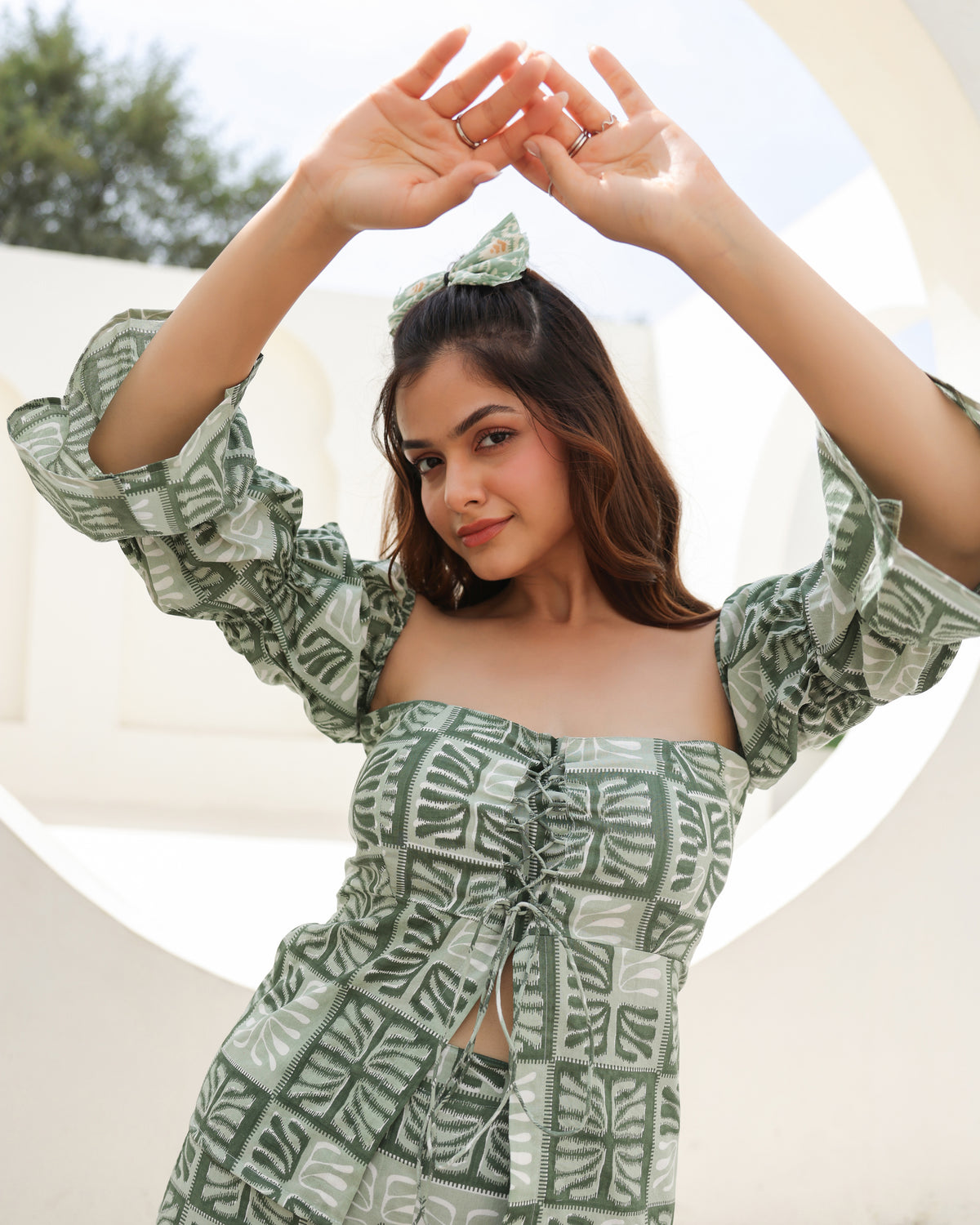Tropical Sage Leaf Printed Puff Sleeve Co-Ord Set