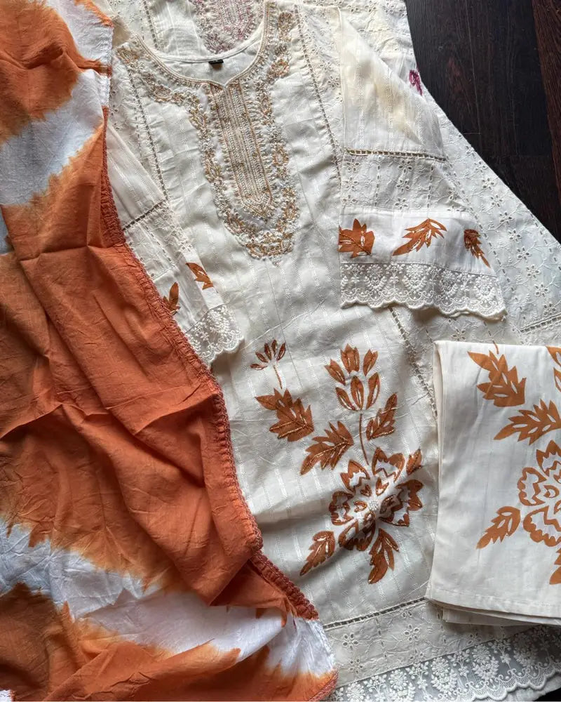 Premium Kora cotton Brush Painted Suit – Rust