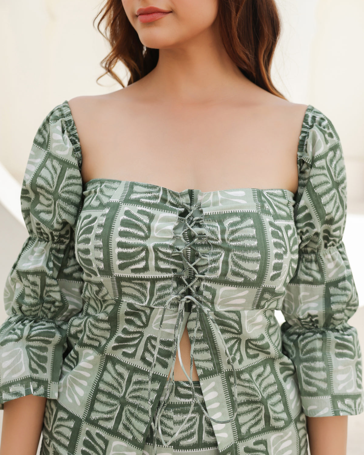 Tropical Sage Leaf Printed Puff Sleeve Co-Ord Set