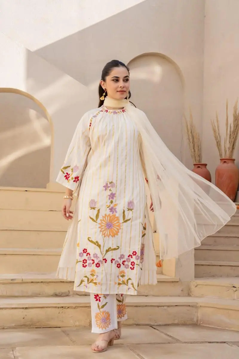 Zari Detailed Cotton Embroidered Suit-IVORY