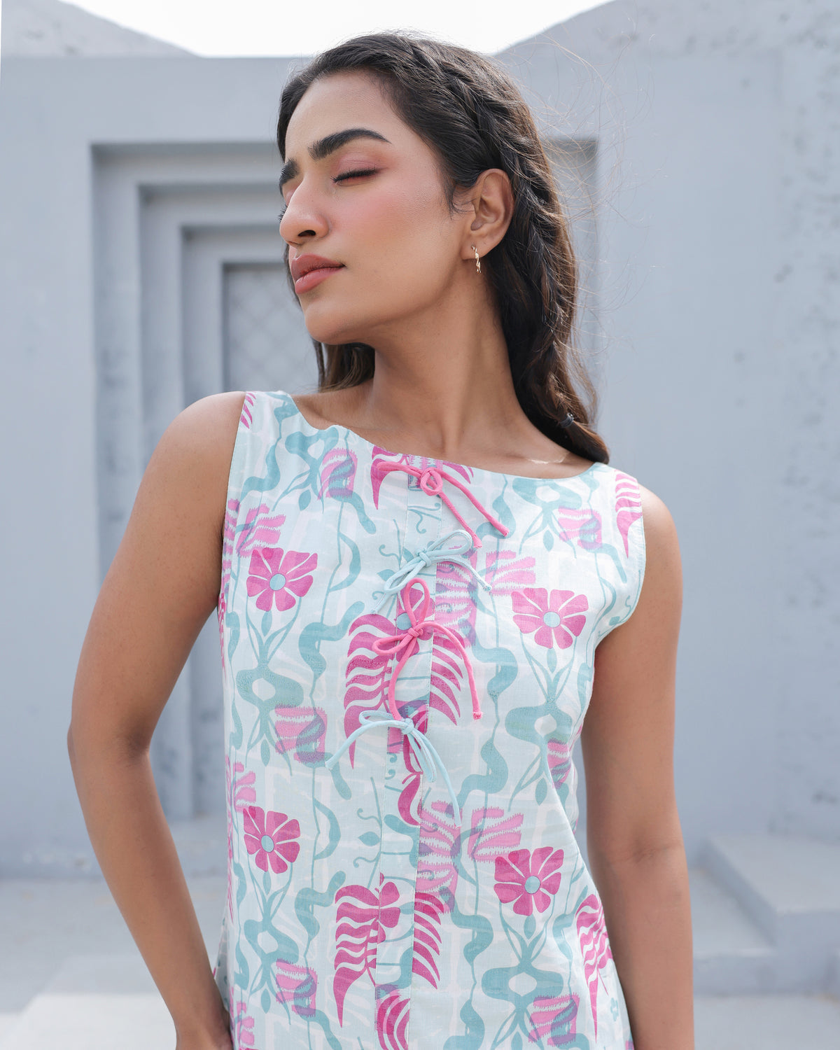 Aqua Blossom Sleeveless Ruffle Hem Dress