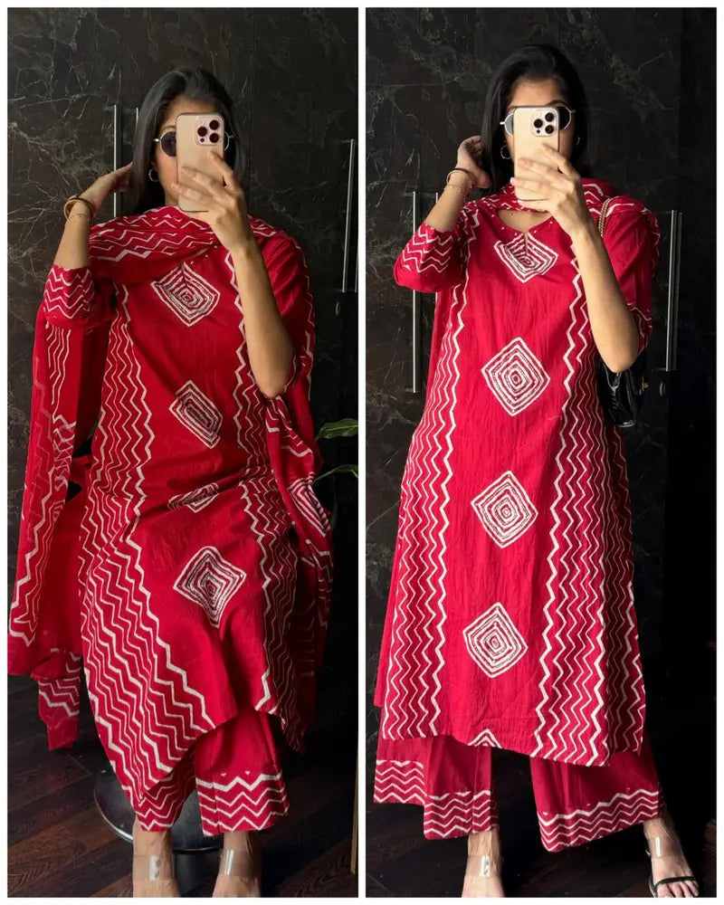 Cotton Block Printed Suit -Maroon