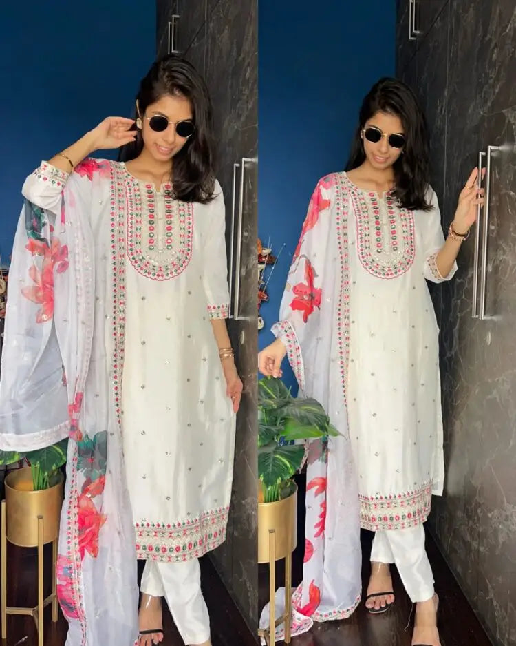 Vichitra Silk Embroidery-White