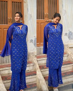Premium Georgette Mirror Work Sharara Set-ROYAL BLUE