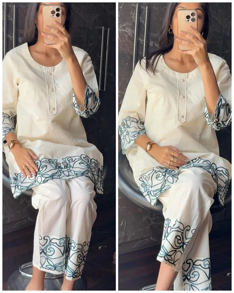 Pure Cotton Cut Work Coord -teal