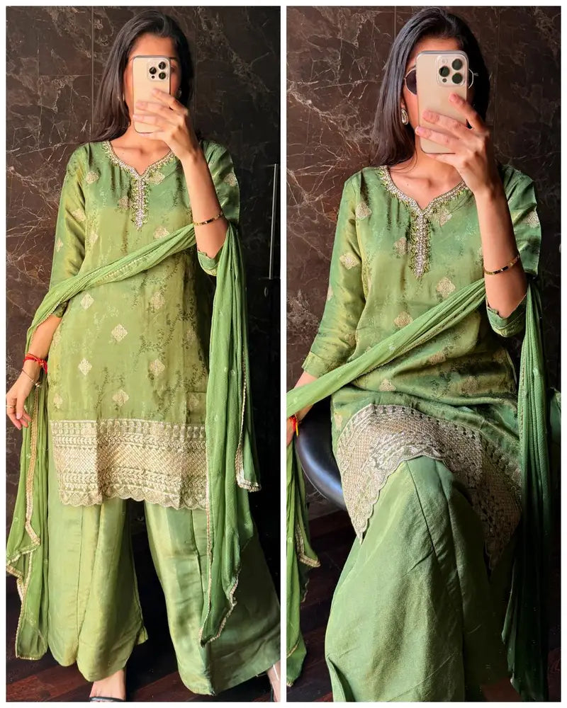 Tissue silk short kurta set -Green