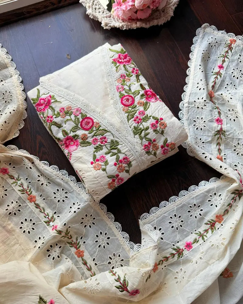 Premium Kora Cotton Embroidered lvory Suit