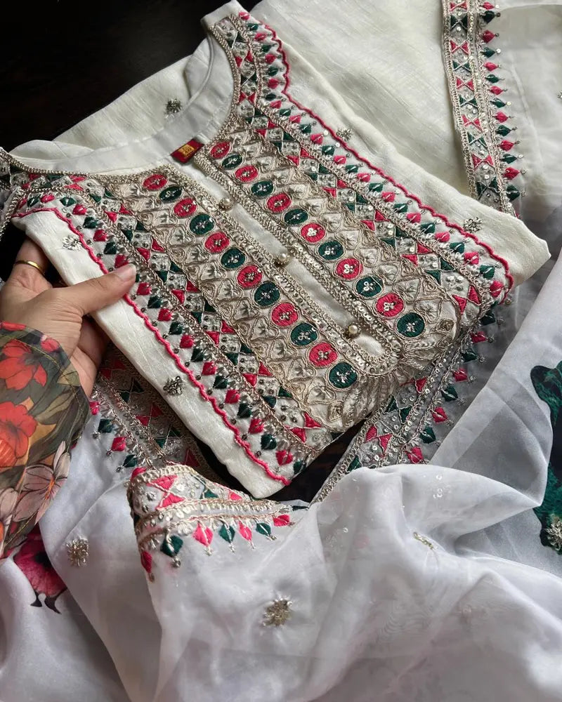 Vichitra Silk Embroidery-White