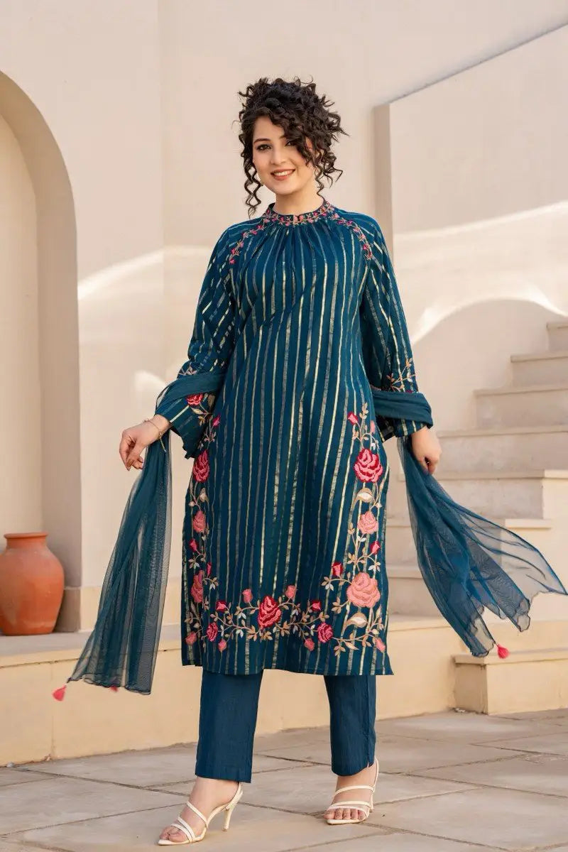 Zari Detailed Cotton Embroidered Suit-TEAL BLUE