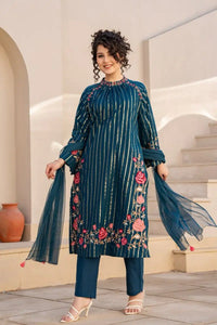 Zari Detailed Cotton Embroidered Suit-TEAL BLUE