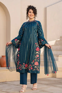 Zari Detailed Cotton Embroidered Suit-TEAL BLUE