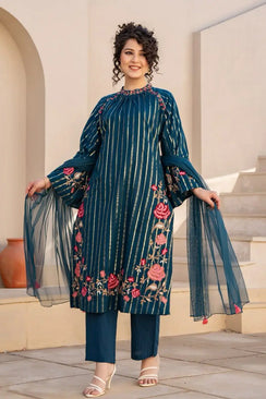 Zari Detailed Cotton Embroidered Suit-TEAL BLUE