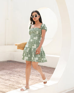 Sage Tile Puff Sleeve Mini Dress