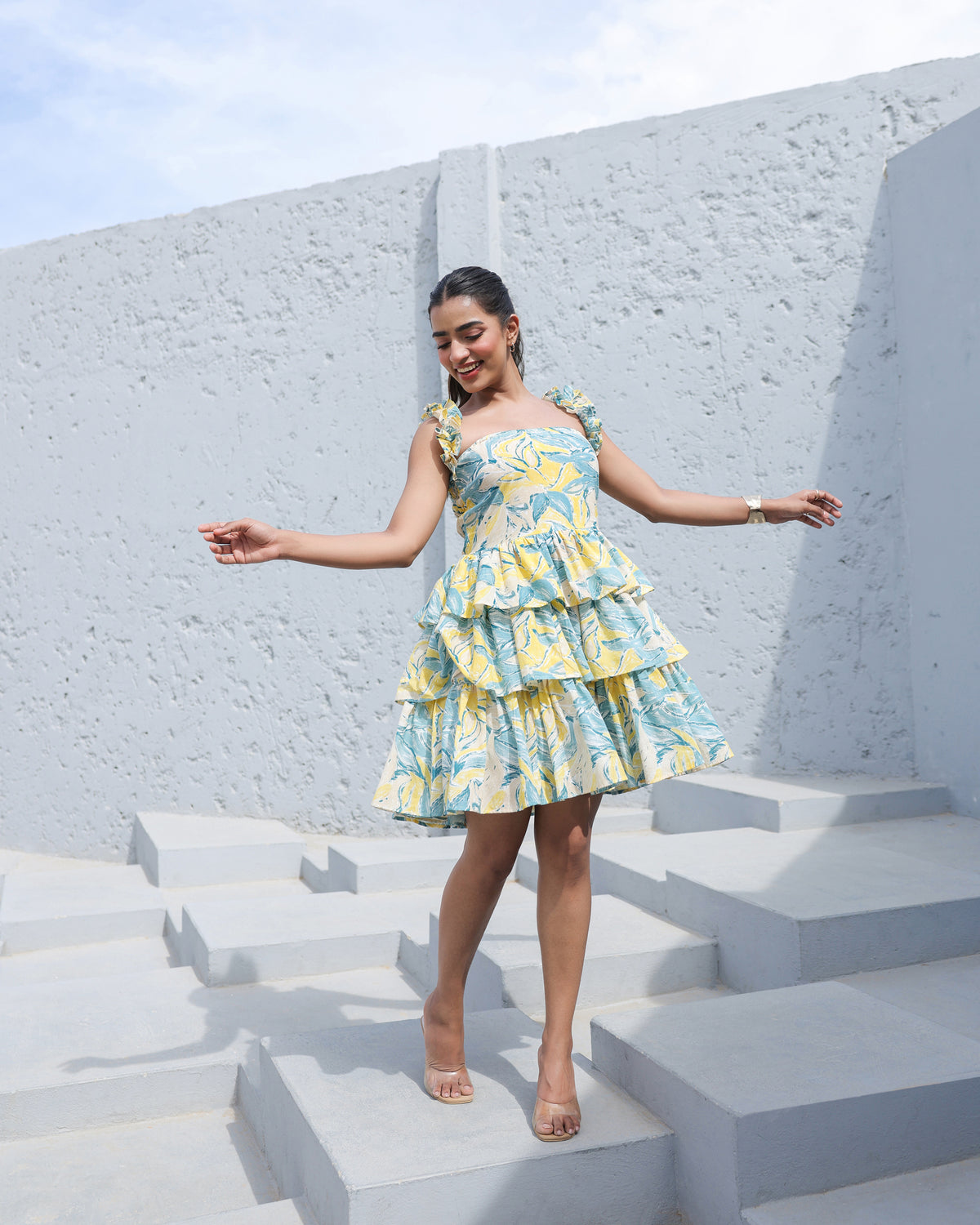 Aqua Bloom Smocked Midi Dress