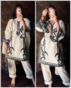 Kora Cotton Embroidered Pakistani Suit – Off White