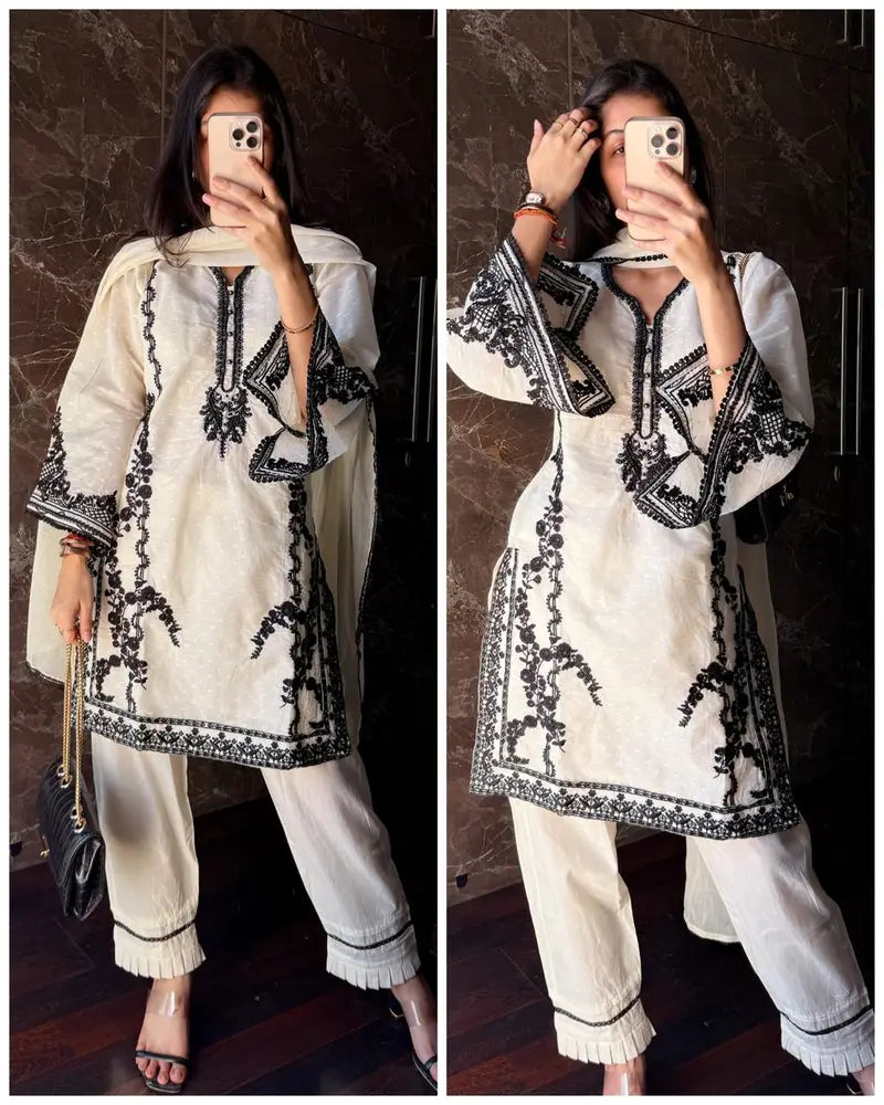 Kora Cotton Embroidered Pakistani Suit – Off White