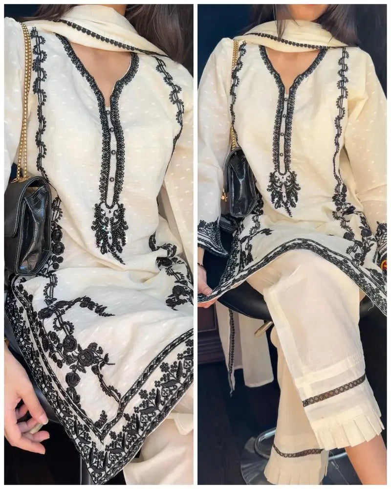 Kora Cotton Embroidered Pakistani Suit – Off White