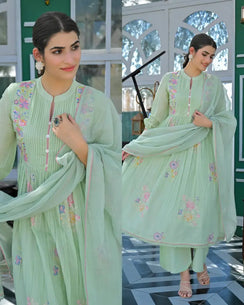 Premium Mul Cotton Embroidered Aline Suit-PISTA GREEN