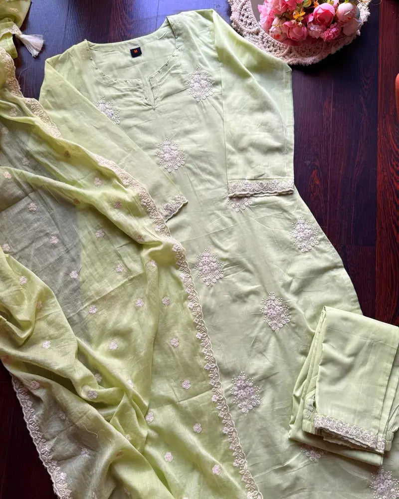 Premium Mul Cotton Embroidered Suit – Pista