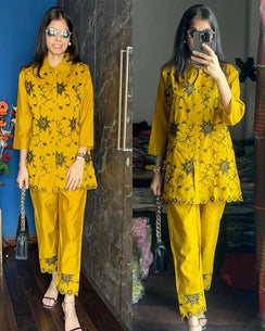 Muslin Embroidery Coord-Mustard