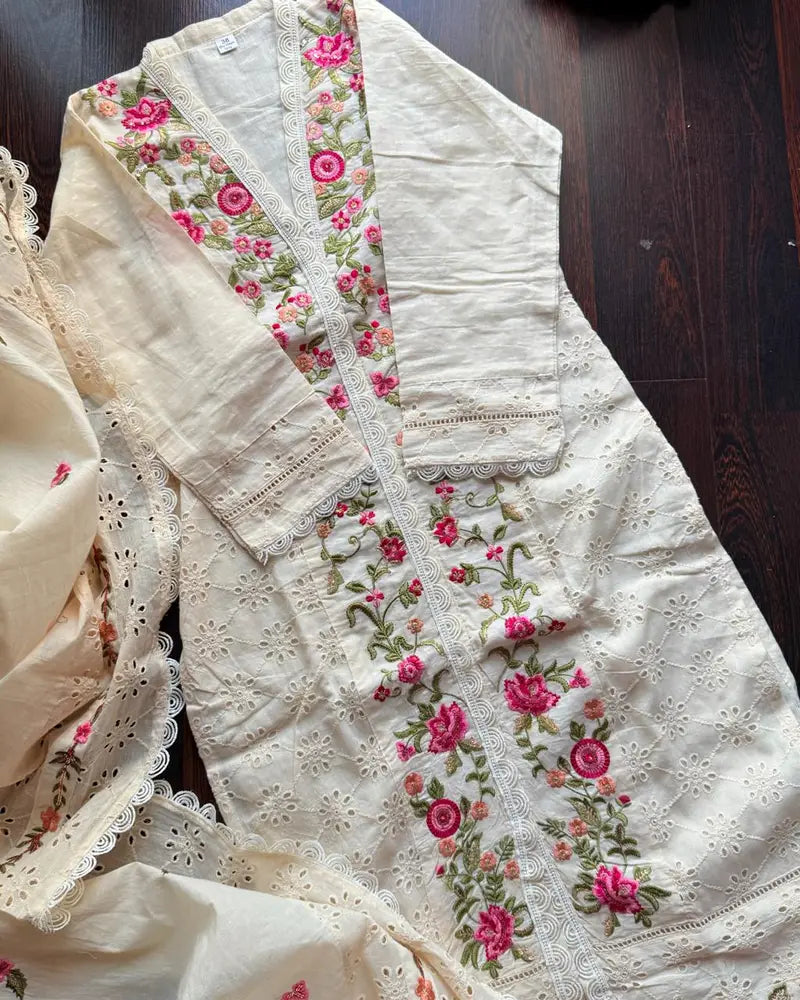 Premium Kora Cotton Embroidered lvory Suit