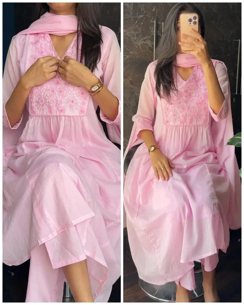 Mul Cotton Aline Embroidered Fit -Pink