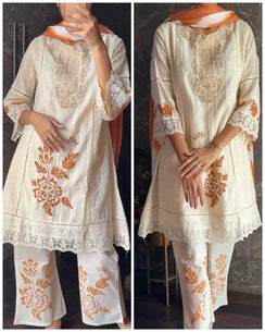 Premium Kora cotton Brush Painted Suit – Rust