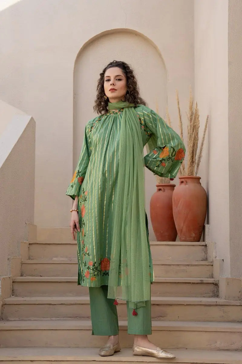 Zari Detailed Cotton Embroidered Suit-Pastel Green