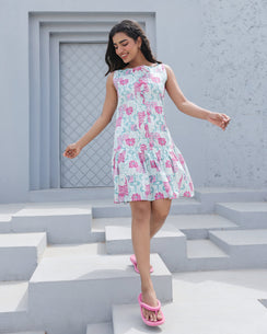 Aqua Blossom Sleeveless Ruffle Hem Dress