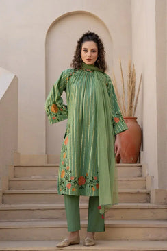 Zari Detailed Cotton Embroidered Suit-Pastel Green
