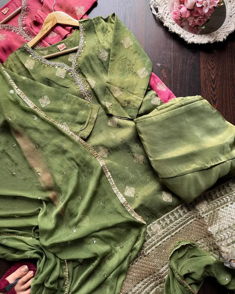 Tissue silk short kurta set -Green