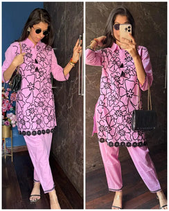 Cotton Embroidered Coord -Pink