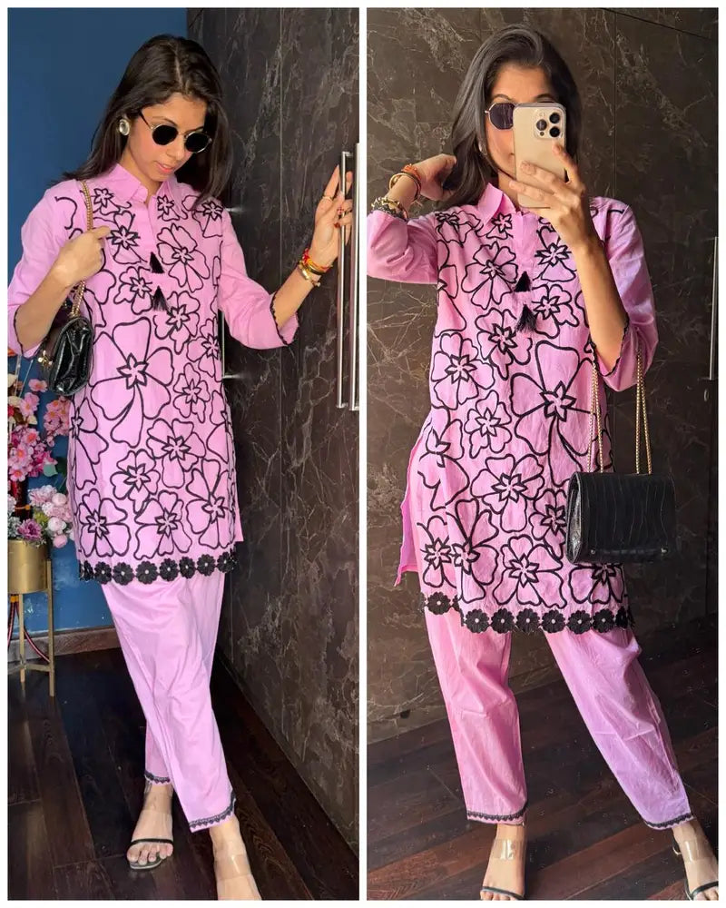Cotton Embroidered Coord -Pink