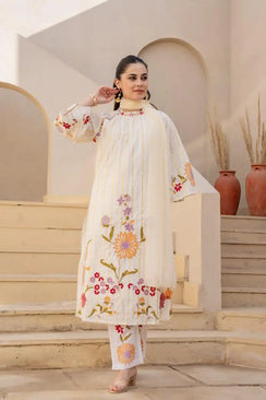 Zari Detailed Cotton Embroidered Suit-IVORY