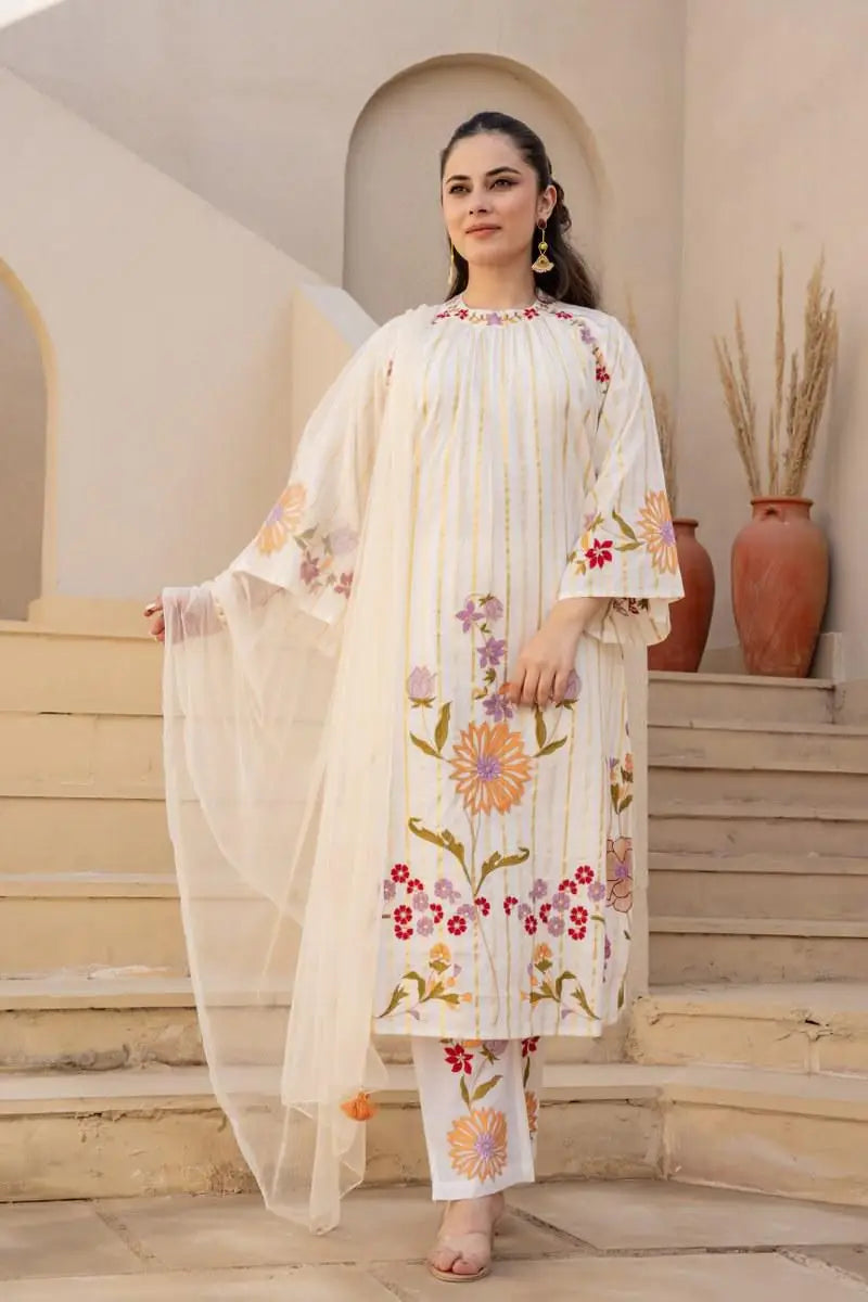 Zari Detailed Cotton Embroidered Suit-IVORY